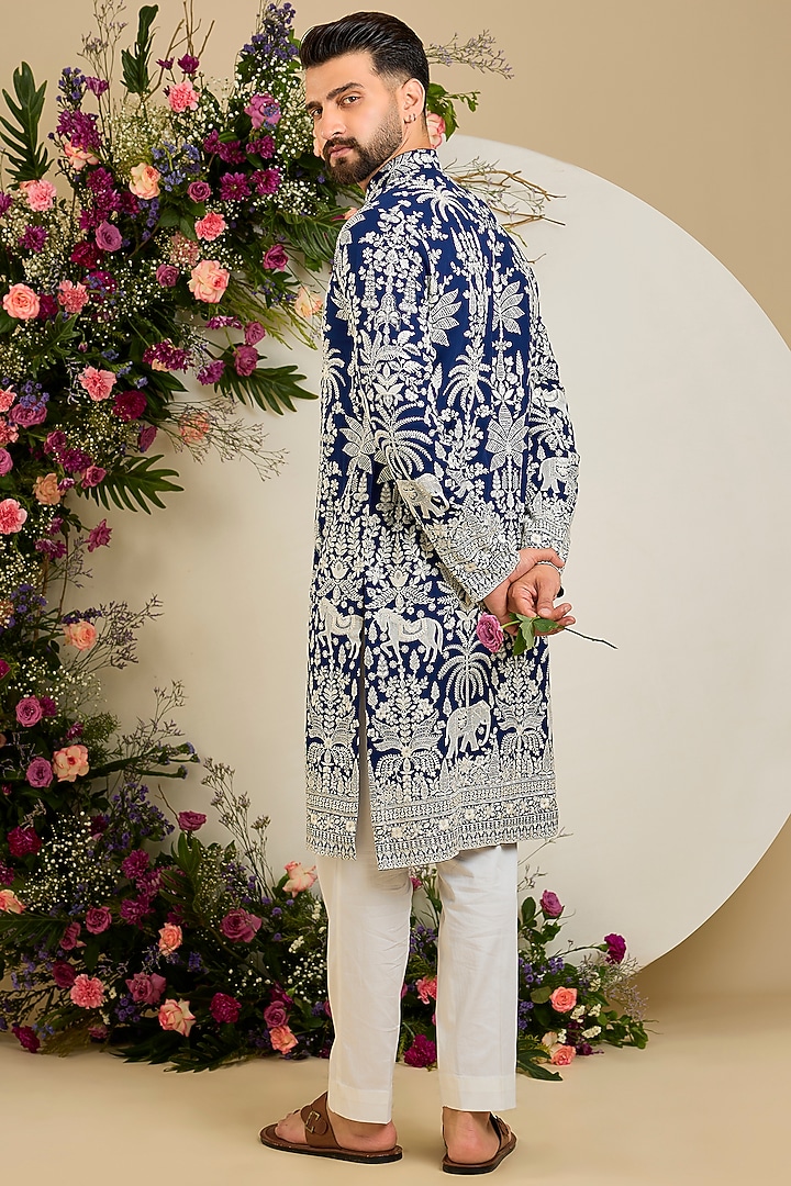 Royal Blue Georgette Thread & Sequin Embellished Kurta by Kasbah Clothing at Pernia's Pop Up Shop
