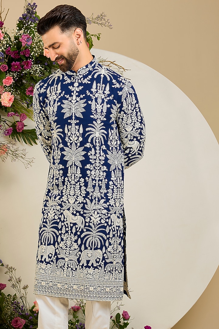 Royal Blue Georgette Thread & Sequin Embellished Kurta by Kasbah Clothing at Pernia's Pop Up Shop