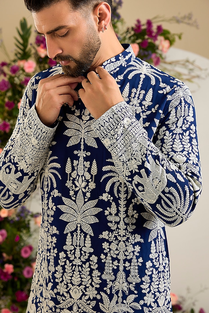 Royal Blue Georgette Thread & Sequin Embellished Kurta by Kasbah Clothing at Pernia's Pop Up Shop