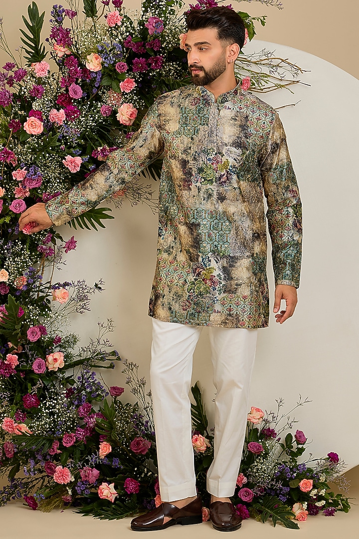 Multi-Colored Tissue Aari & Floral Embellished Kurta by Kasbah Clothing at Pernia's Pop Up Shop