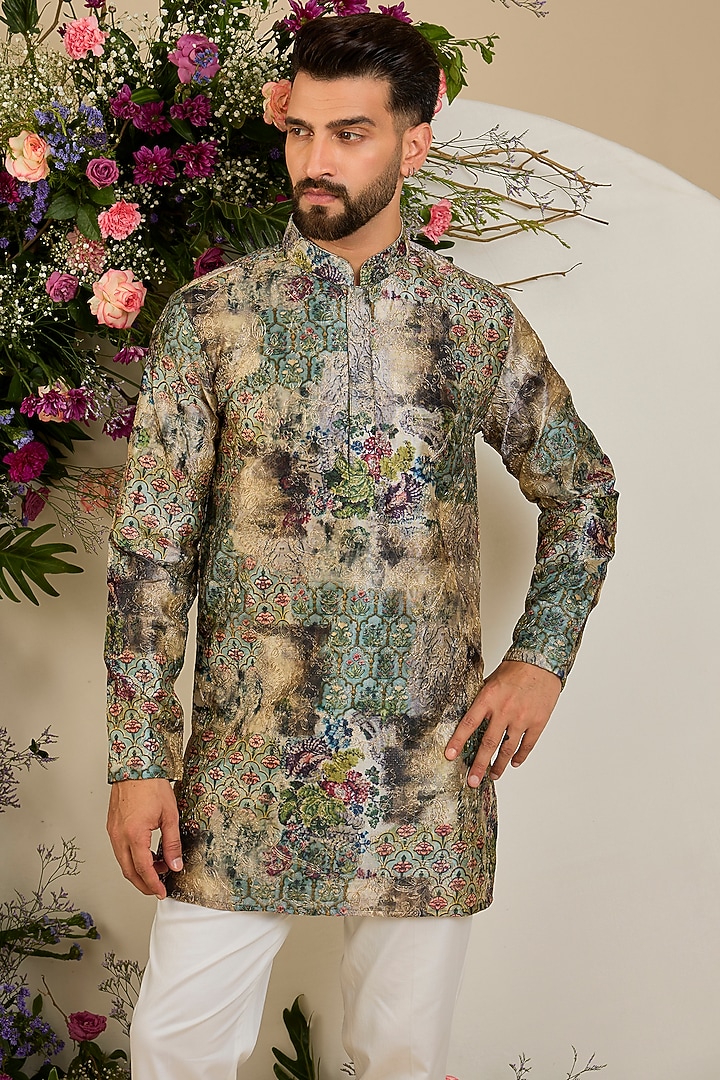 Multi-Colored Tissue Aari & Floral Embellished Kurta by Kasbah Clothing at Pernia's Pop Up Shop