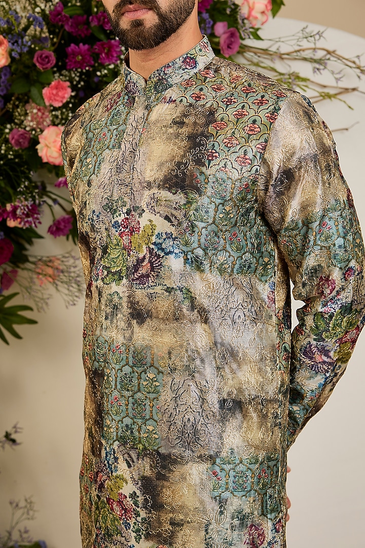 Multi-Colored Tissue Aari & Floral Embellished Kurta by Kasbah Clothing at Pernia's Pop Up Shop