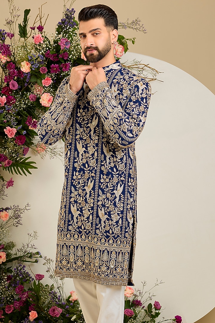 Royal Blue Georgette Sequin Embellished Kurta by Kasbah Clothing at Pernia's Pop Up Shop