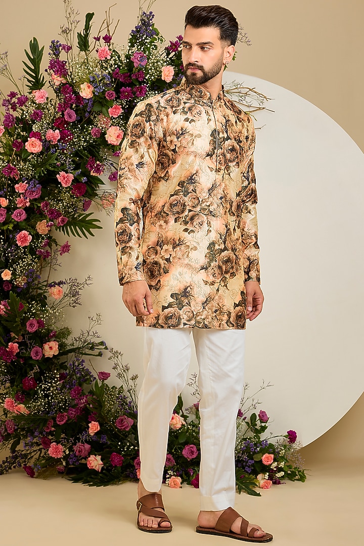 Multi-Colored Tissue Aari & Floral Embellished Kurta by Kasbah Clothing at Pernia's Pop Up Shop