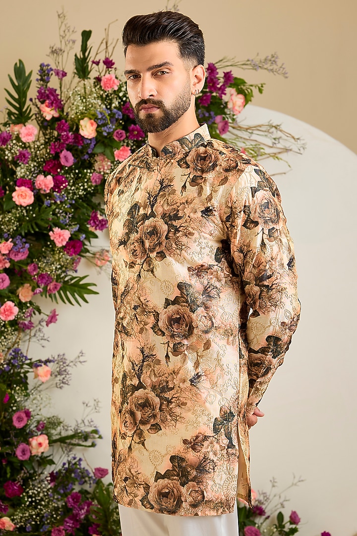 Multi-Colored Tissue Aari & Floral Embellished Kurta by Kasbah Clothing at Pernia's Pop Up Shop