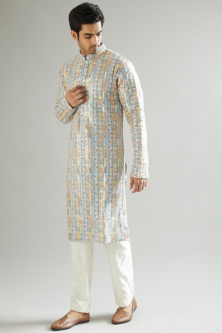 Matt Blue Embroidered Kurta by Kasbah Clothing