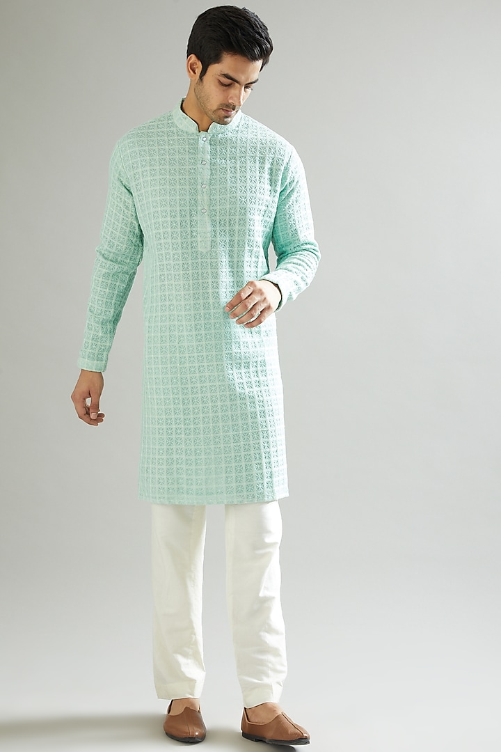 Pastel Green Embroidered Kurta by Kasbah Clothing at Pernia's Pop Up Shop