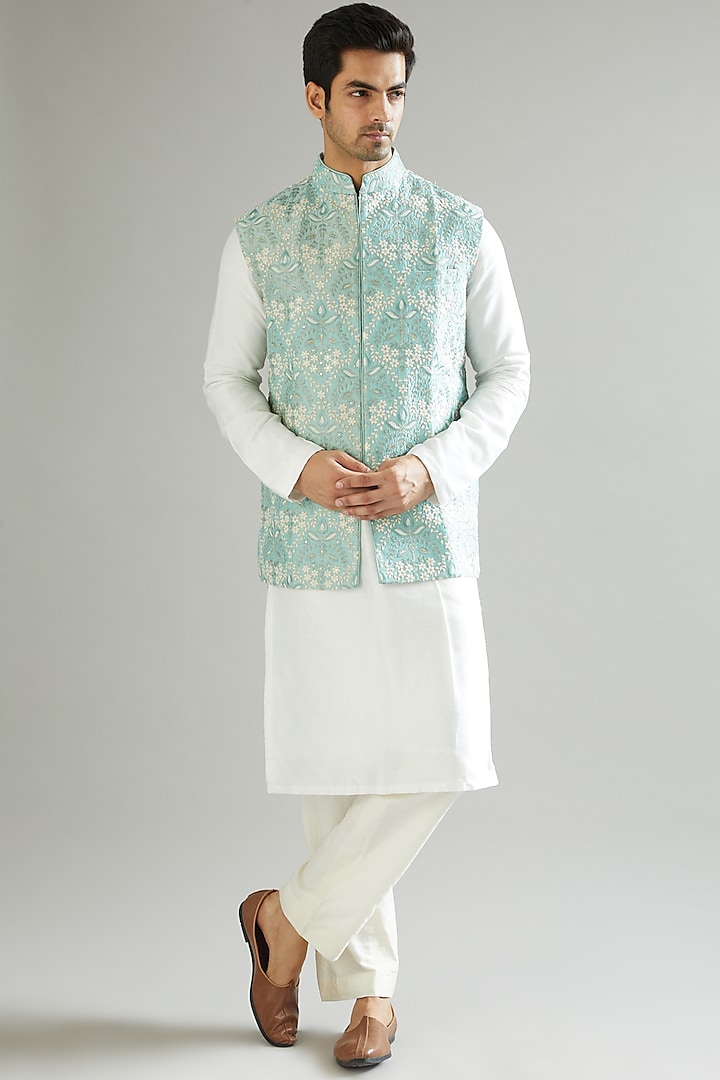 Sea Green Embroidered Nehru Jacket by Kasbah Clothing at Pernia's Pop Up Shop