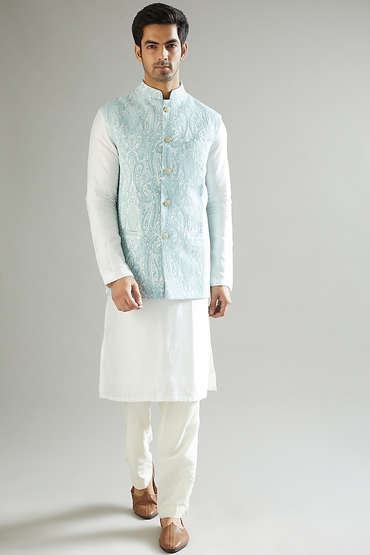 Pastel Blue Embroidered Nehru Jacket by Kasbah Clothing