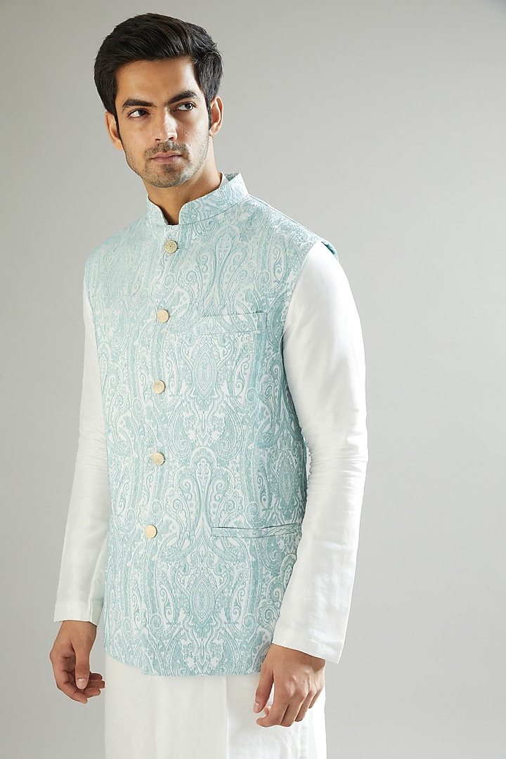 Pastel Blue Embroidered Nehru Jacket by Kasbah Clothing at Pernia's Pop Up Shop