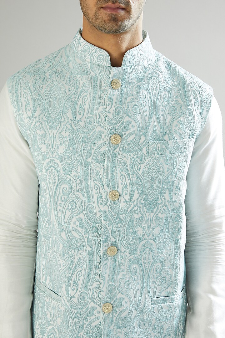 Pastel Blue Embroidered Nehru Jacket by Kasbah Clothing at Pernia's Pop Up Shop