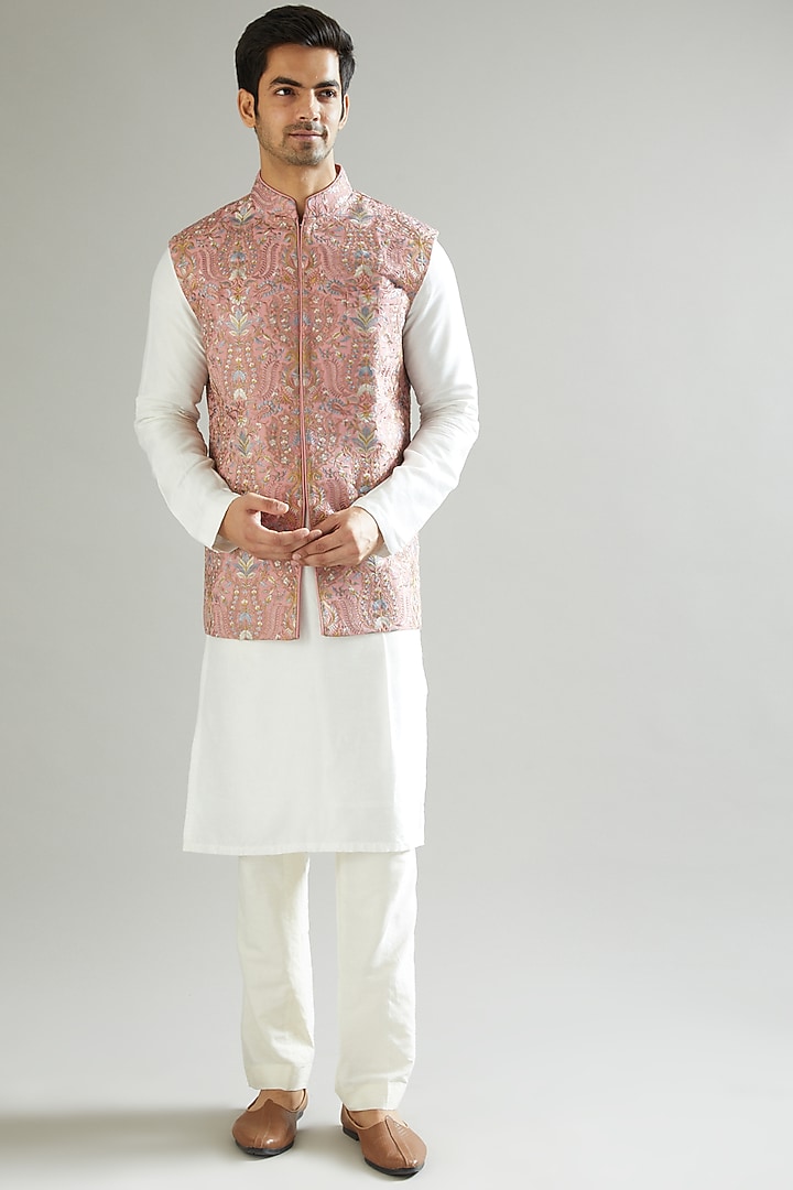 Blush Pink Embroidered Nehru Jacket by Kasbah Clothing at Pernia's Pop Up Shop