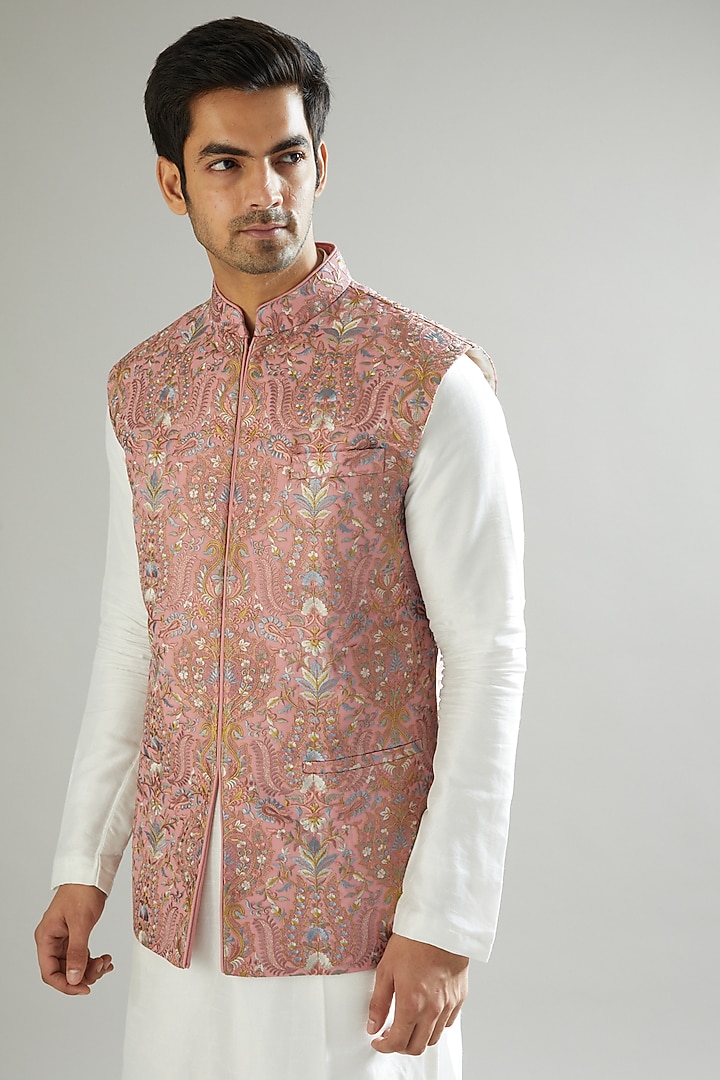 Blush Pink Embroidered Nehru Jacket by Kasbah Clothing at Pernia's Pop Up Shop
