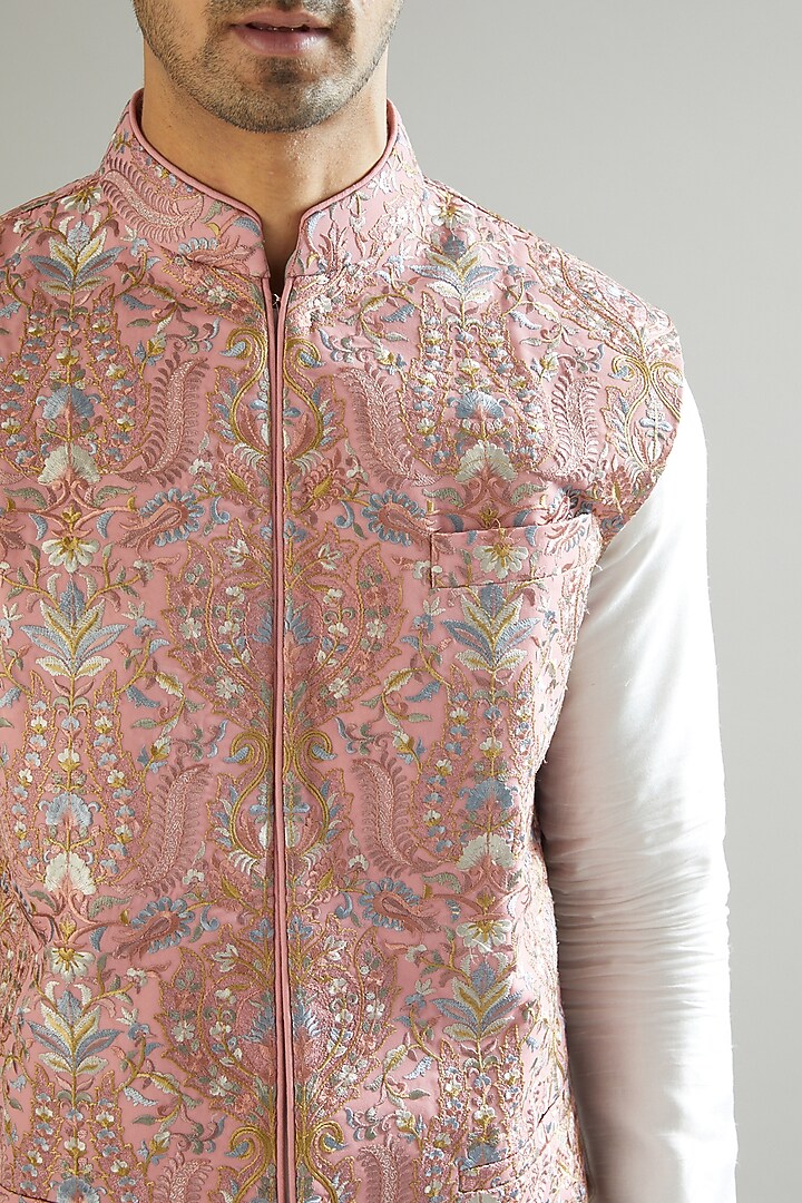 Blush Pink Embroidered Nehru Jacket by Kasbah Clothing at Pernia's Pop Up Shop
