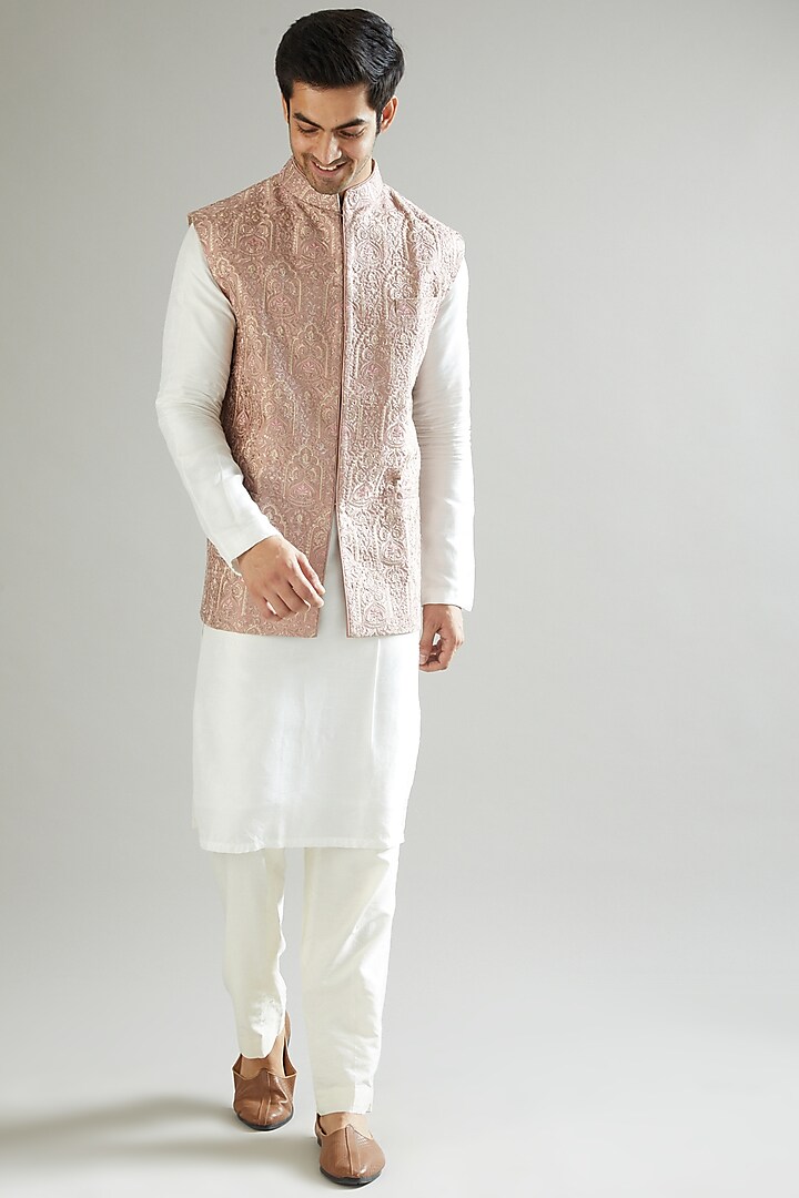Mud Pink Nehru Jacket With Embroidery by Kasbah Clothing