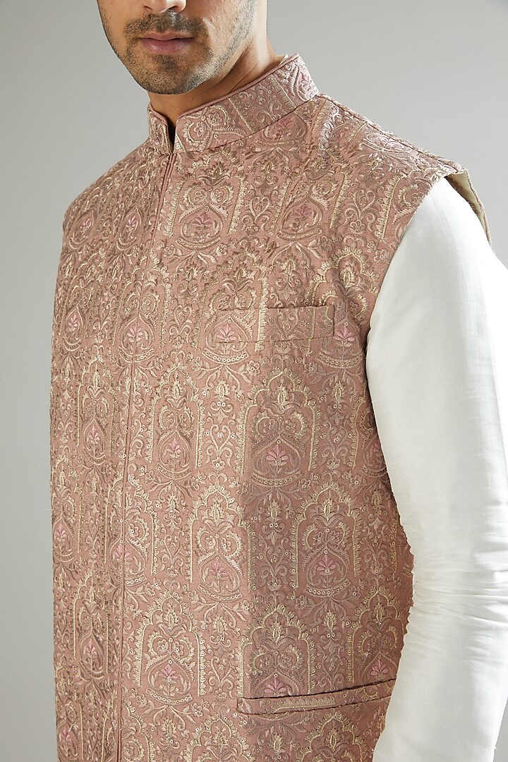 Mud Pink Nehru Jacket With Embroidery by Kasbah Clothing
