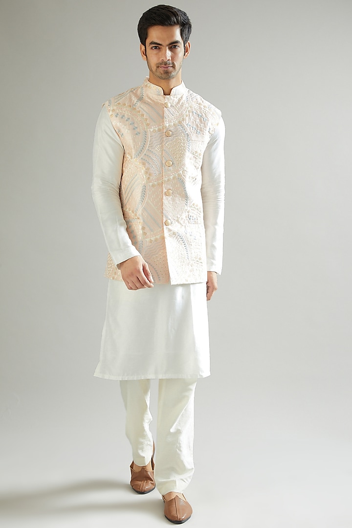 White Embroidered Nehru Jacket by Kasbah Clothing
