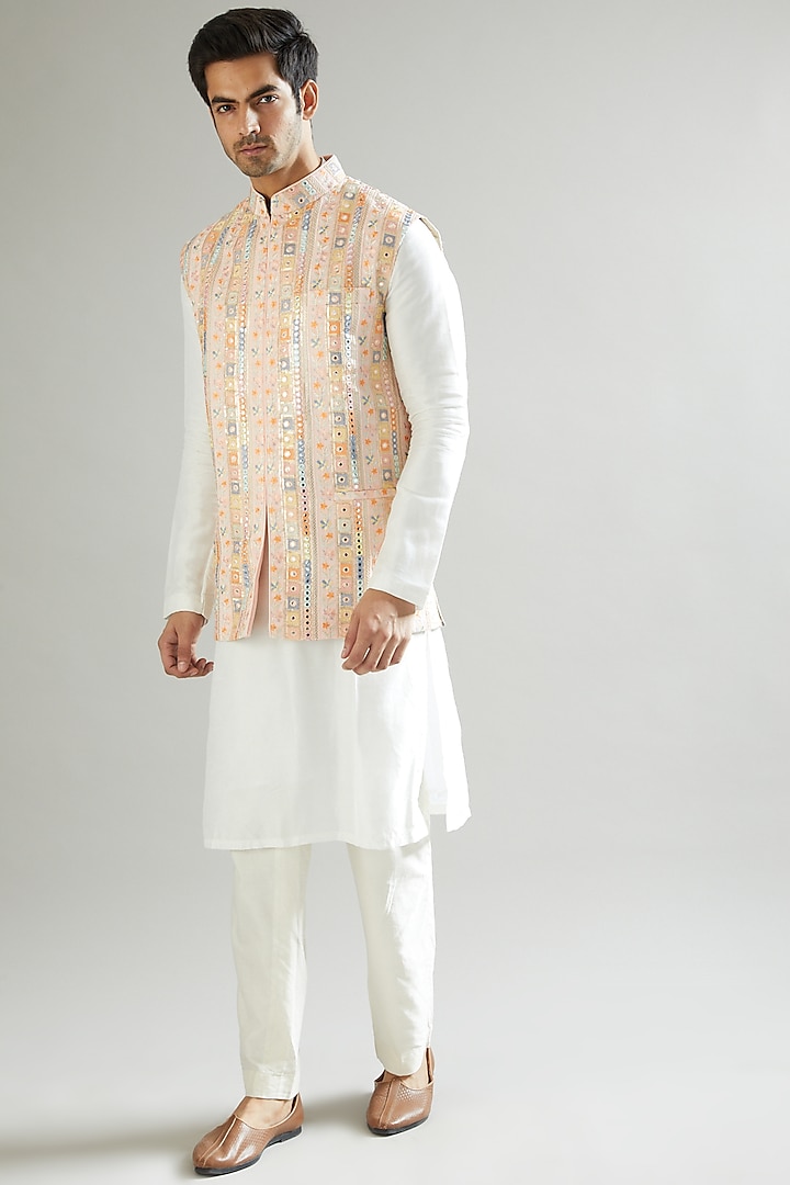 Blush Pink Nehru Jacket With Thread Embroidery by Kasbah Clothing