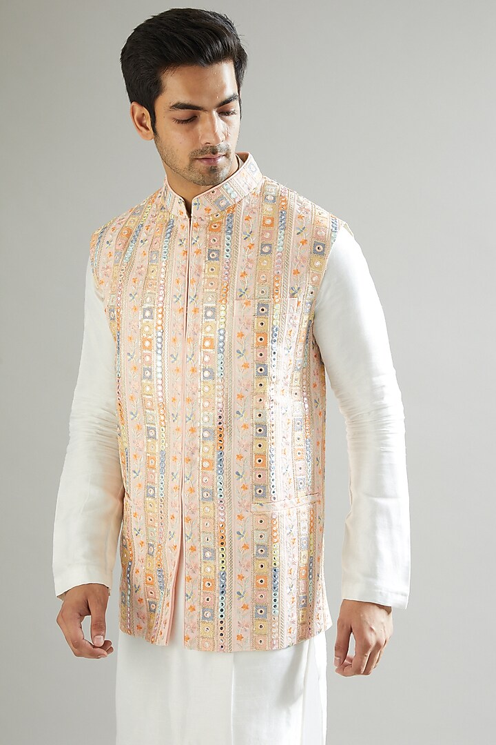 Blush Pink Nehru Jacket With Thread Embroidery by Kasbah Clothing at Pernia's Pop Up Shop