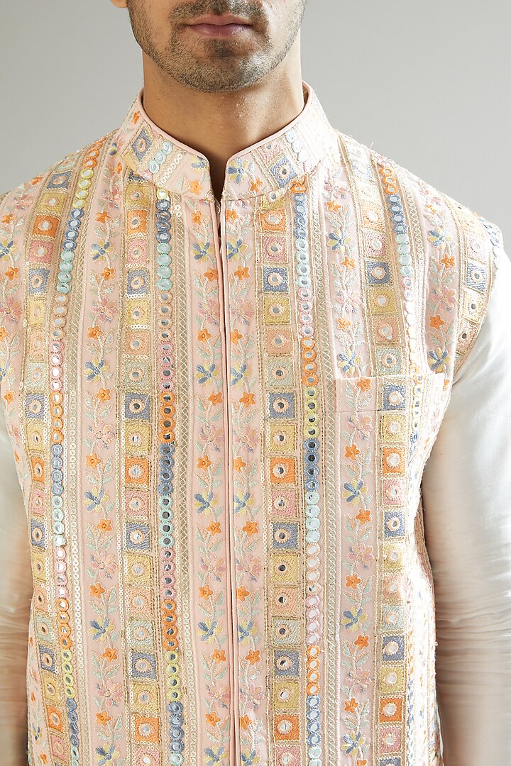 Blush Pink Nehru Jacket With Thread Embroidery by Kasbah Clothing at Pernia's Pop Up Shop