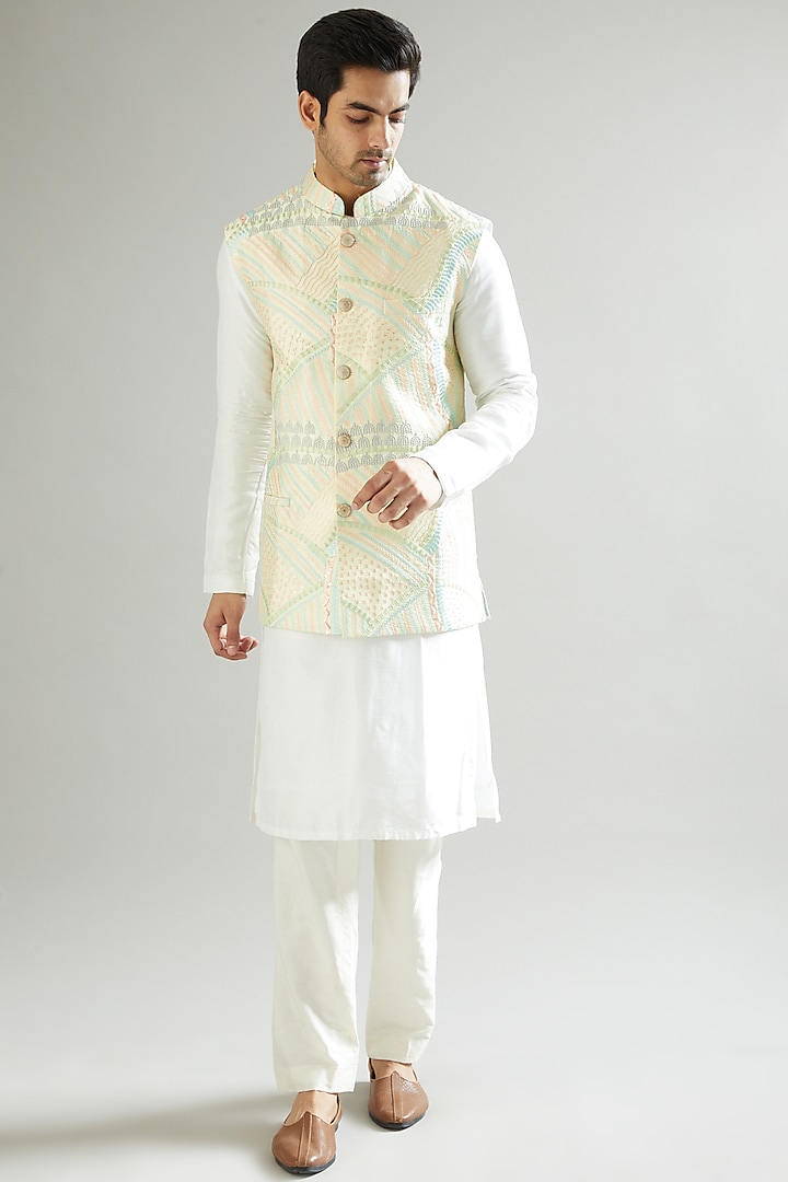 Lime Thread Embroidered Nehru Jacket by Kasbah Clothing