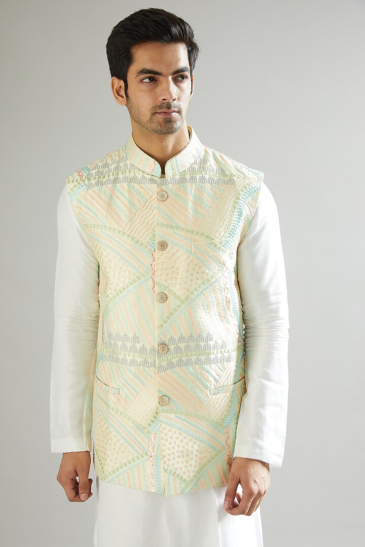 Lime Thread Embroidered Nehru Jacket by Kasbah Clothing at Pernia's Pop Up Shop