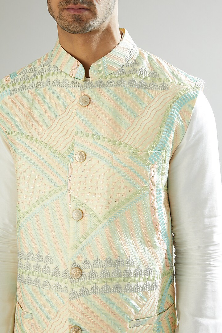 Lime Thread Embroidered Nehru Jacket by Kasbah Clothing at Pernia's Pop Up Shop