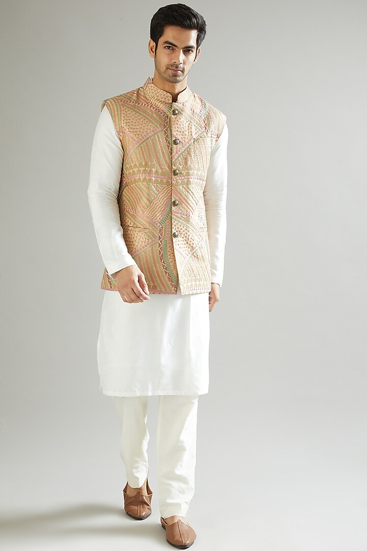 Brown Embroidered Nehru Jacket by Kasbah Clothing