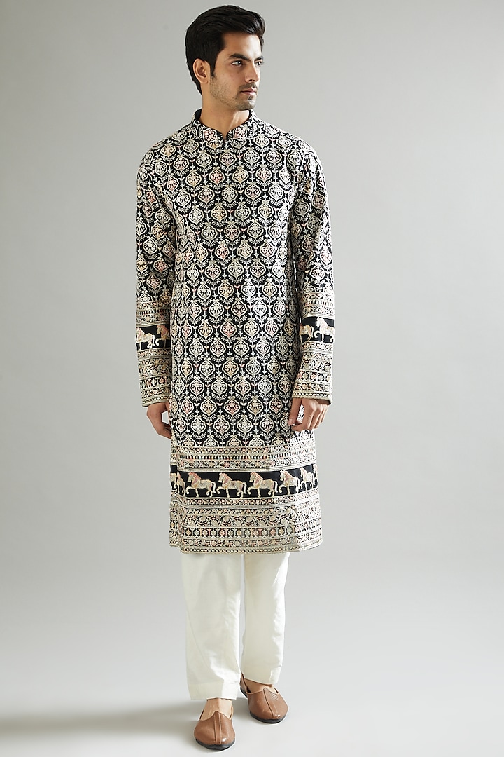 Black Kurta With Multi-Colored Thread Embroidery by Kasbah Clothing