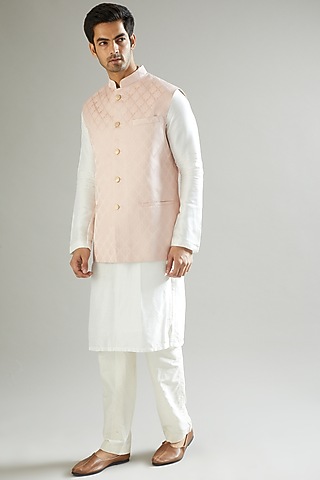 Ice Pink Embroidered Nehru Jacket by Kasbah Clothing