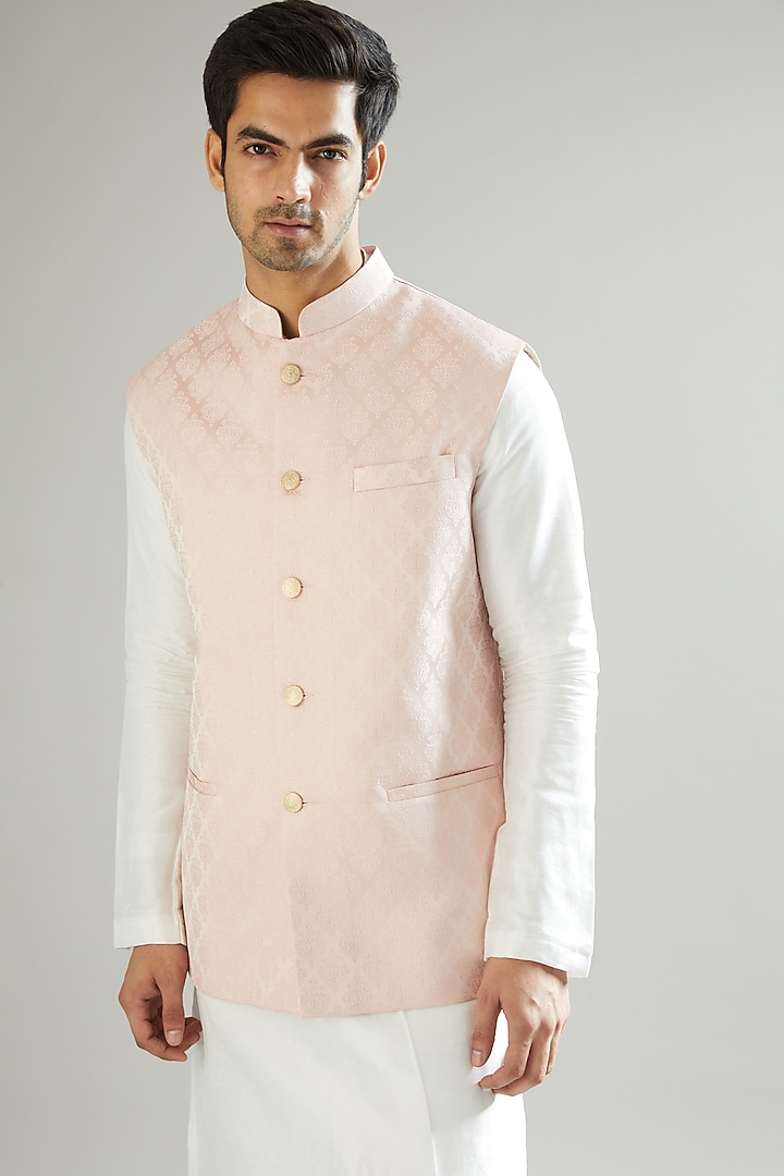 Ice Pink Embroidered Nehru Jacket by Kasbah Clothing at Pernia's Pop Up Shop