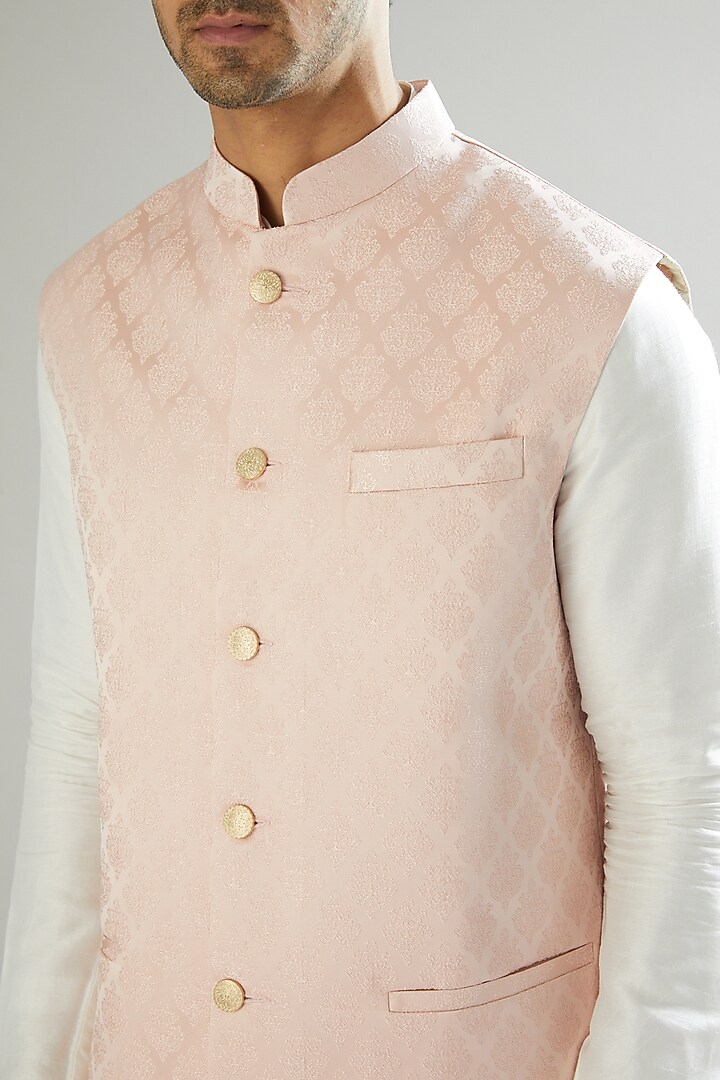 Ice Pink Embroidered Nehru Jacket by Kasbah Clothing at Pernia's Pop Up Shop