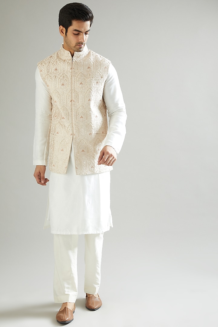 Rose Gold Embroidered Nehru Jacket by Kasbah Clothing