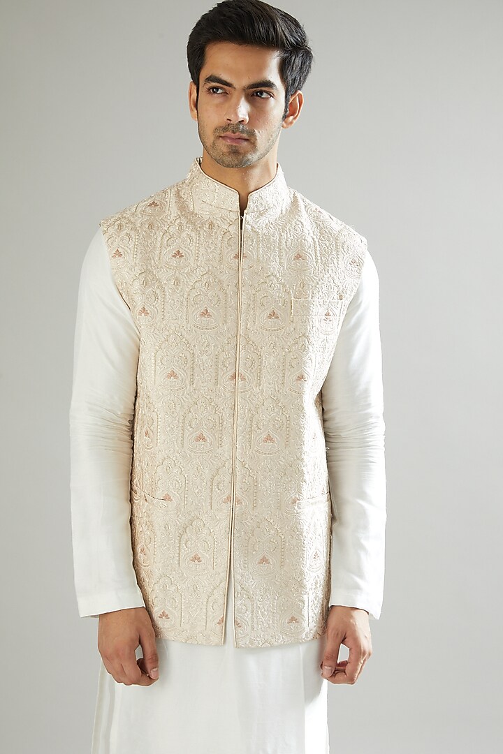 Rose Gold Embroidered Nehru Jacket by Kasbah Clothing at Pernia's Pop Up Shop