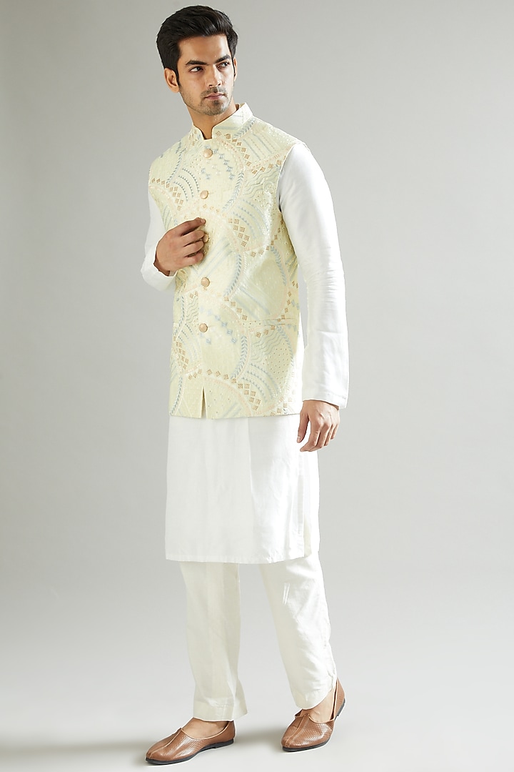 Lime Thread Embroidered Nehru Jacket by Kasbah Clothing