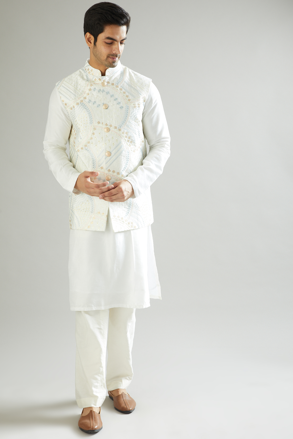 White Thread Embroidered Nehru Jacket by Kasbah Clothing