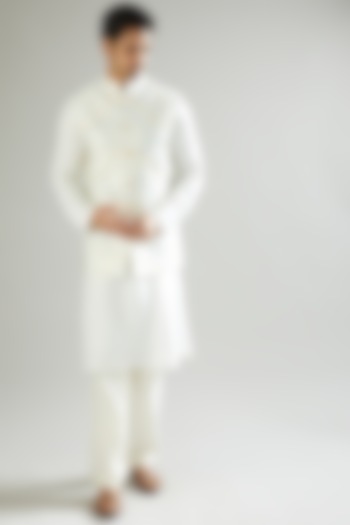 White Thread Embroidered Nehru Jacket by Kasbah Clothing