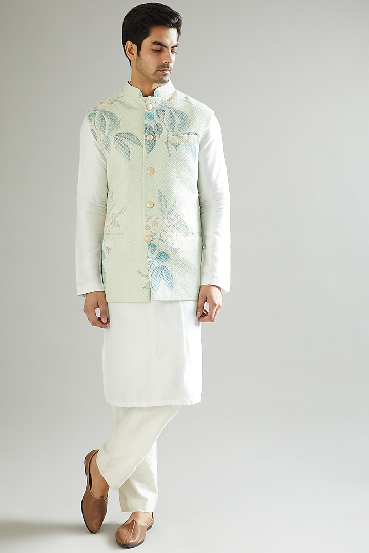 Mint Green Floral Embroidered Nehru Jacket by Kasbah Clothing