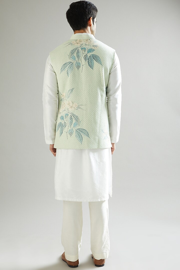 Mint Green Floral Embroidered Nehru Jacket by Kasbah Clothing at Pernia's Pop Up Shop