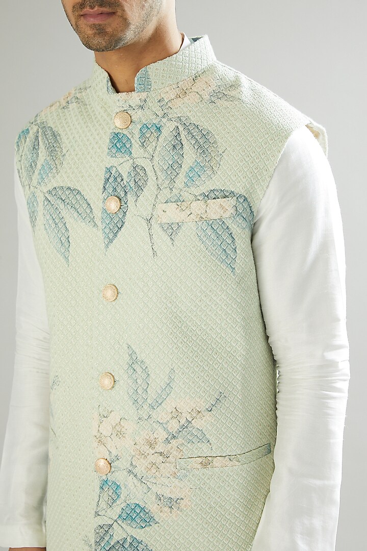 Mint Green Floral Embroidered Nehru Jacket by Kasbah Clothing at Pernia's Pop Up Shop