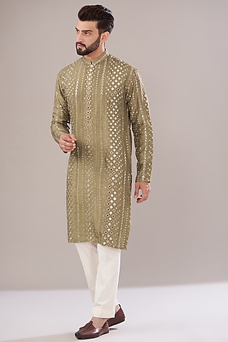 Dark Copper Silk Embroidered Kurta Set by Kasbah Clothing