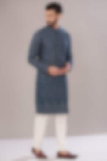 Navy Blue Silk Embroidered Kurta Set by Kasbah Clothing at Pernia's Pop Up Shop