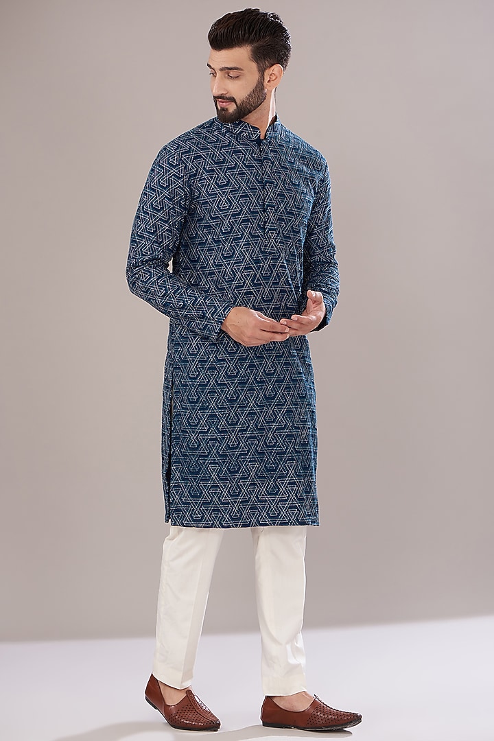 Navy Blue Silk Embroidered Kurta Set by Kasbah Clothing at Pernia's Pop Up Shop
