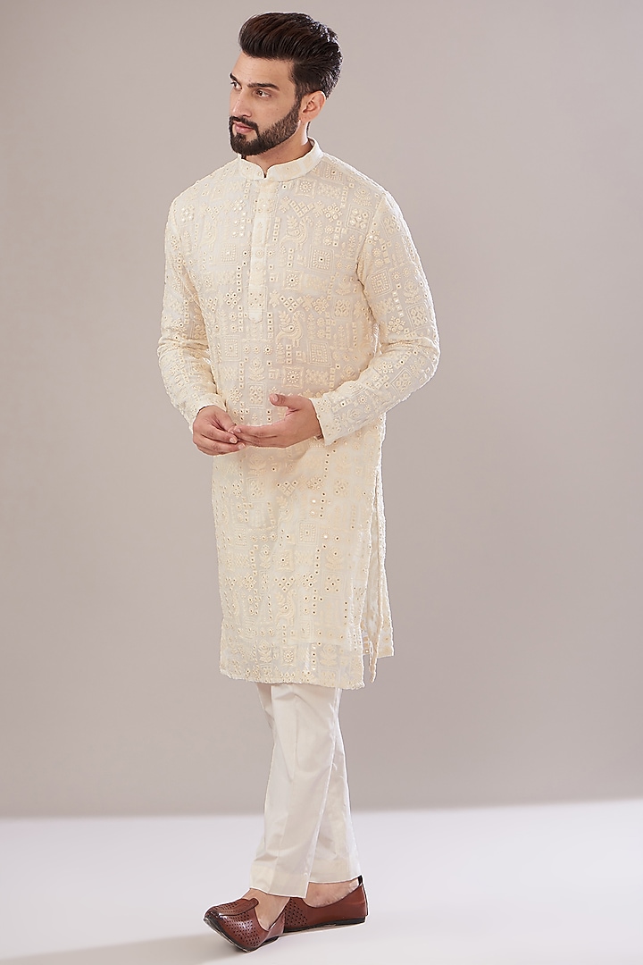 White Georgette Embroidered Kurta Set by Kasbah Clothing at Pernia's Pop Up Shop