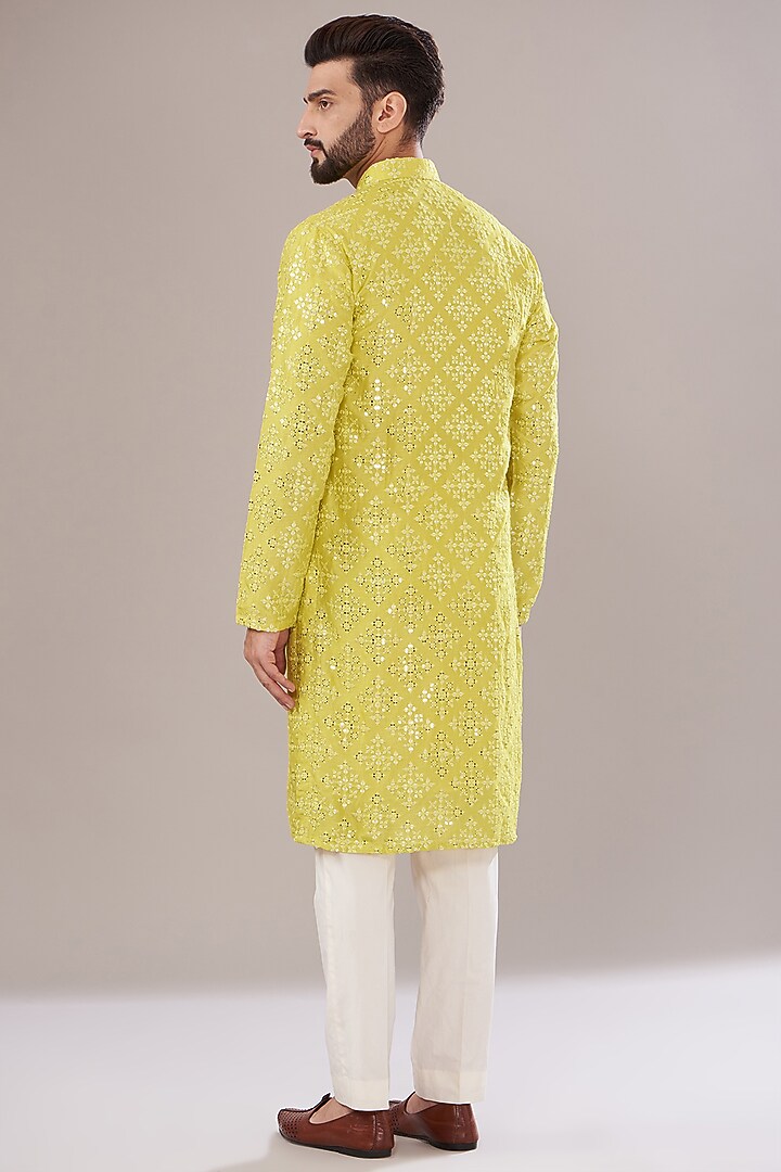 Neon Yellow Silk Embroidered Kurta Set by Kasbah Clothing at Pernia's Pop Up Shop