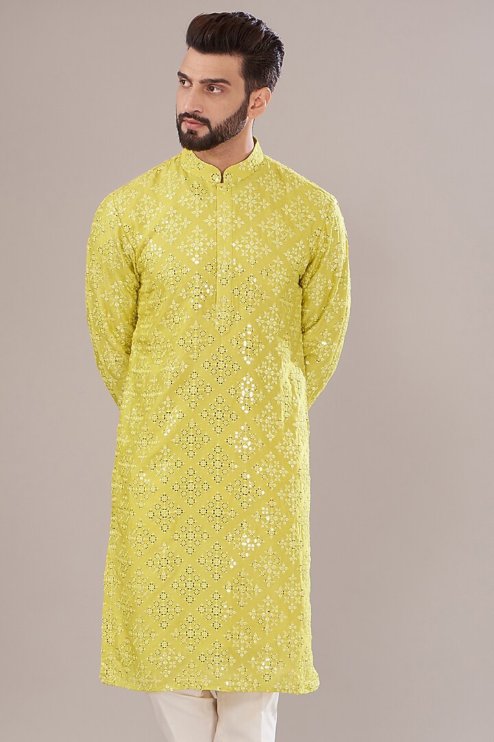 Neon Yellow Silk Embroidered Kurta Set by Kasbah Clothing at Pernia's Pop Up Shop