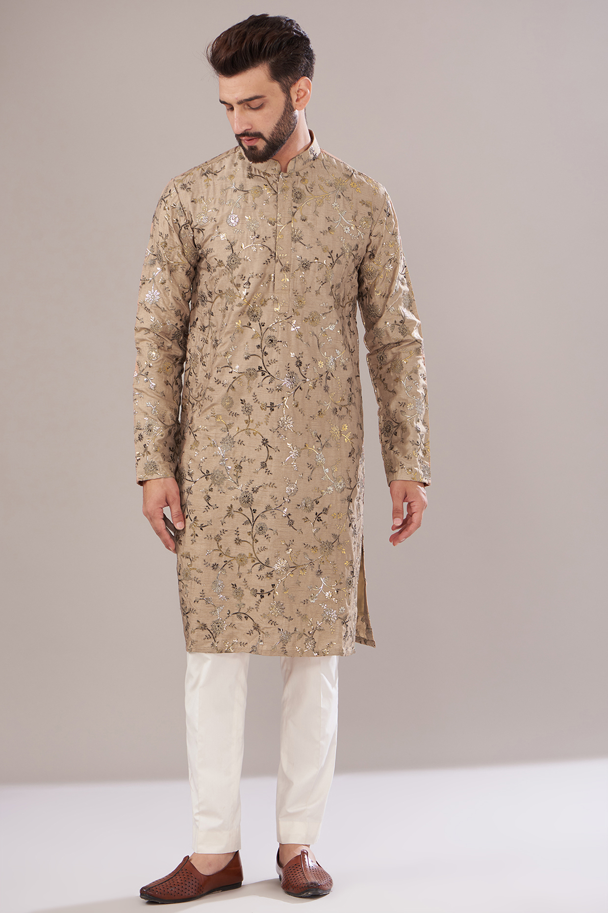 Beige Silk Embroidered Kurta Set by Kasbah Clothing