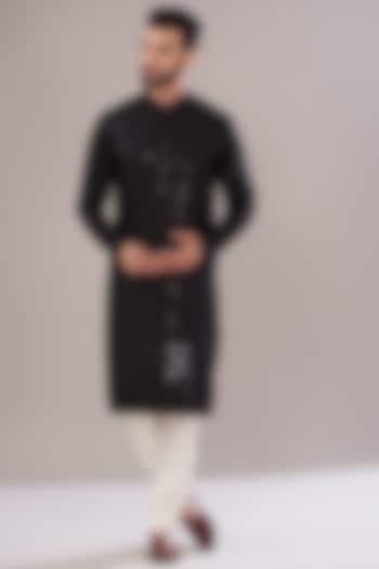 Black Slub Silk Embroidered Kurta Set by Kasbah Clothing at Pernia's Pop Up Shop