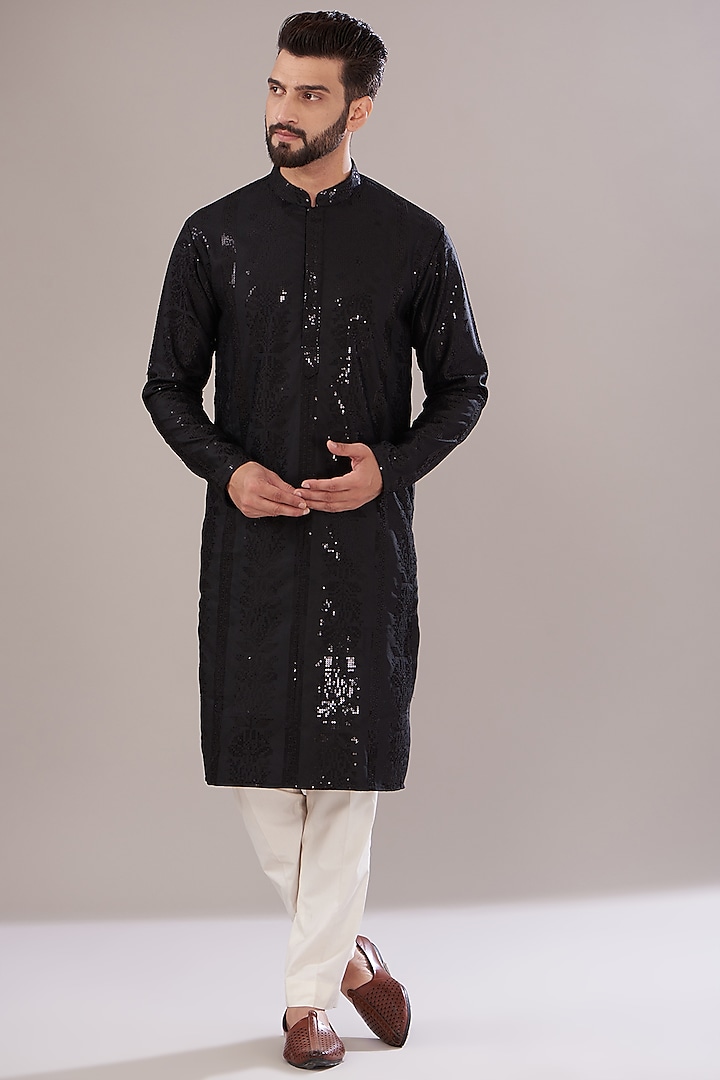 Black Slub Silk Embroidered Kurta Set by Kasbah Clothing at Pernia's Pop Up Shop