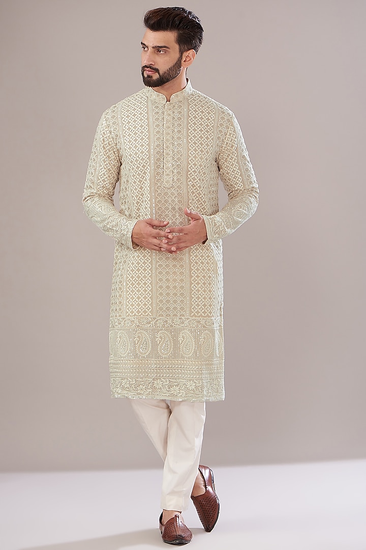Ivory Georgette Embroidered Lucknowi Kurta Set by Kasbah Clothing